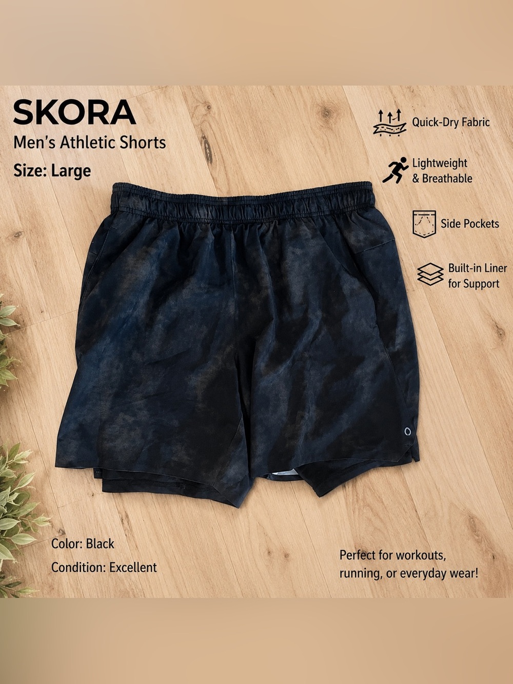 Men's Black Athletic Running Shorts with Subtle Pattern 36-38 quick dry
